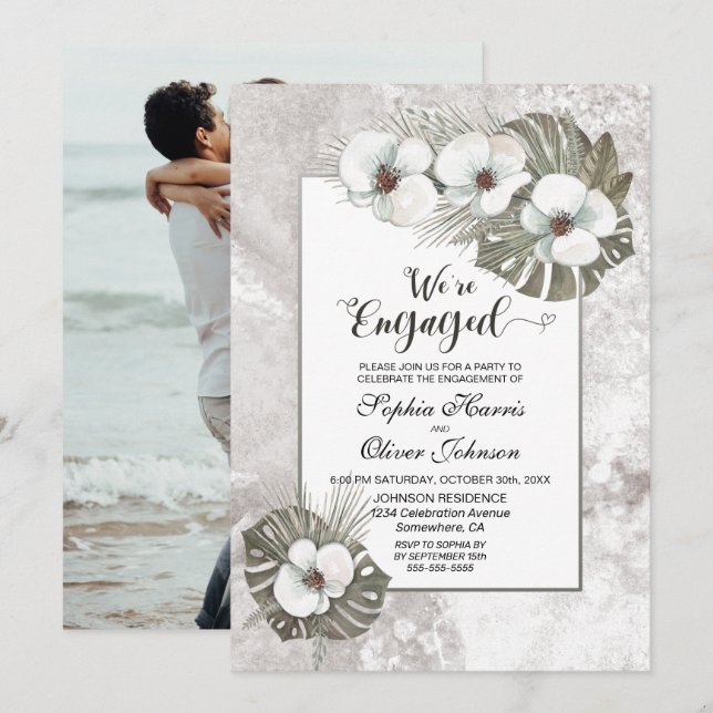 Tropical White Orchids Photo Engagement Party Invitation (Front/Back)