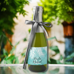 Tropical White Palm Fronds on Turquoise Mini Sparkling Wine Label