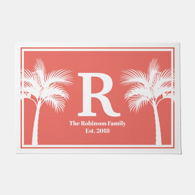 Tropical White Palm Trees & Coral Pink Family Name Doormat (Front)