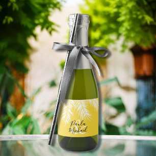 Tropical White Palm Trees on Bright Yellow Mini Sparkling Wine Label