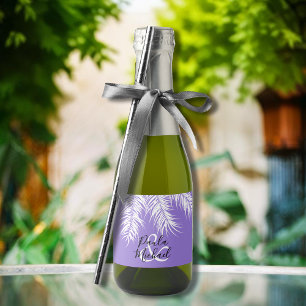 Tropical White Palm Trees on Purple Mini Sparkling Wine Label