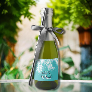 Tropical White Palms Fronds on Turquoise Mini Sparkling Wine Label