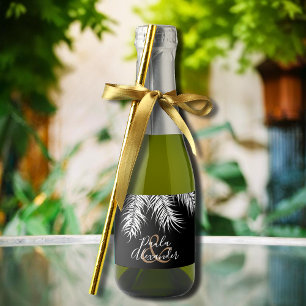 Tropical White Palms on Black Background Mini Sparkling Wine Label