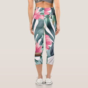 Tropical White Parrot Bird Pattern  Capri Leggings