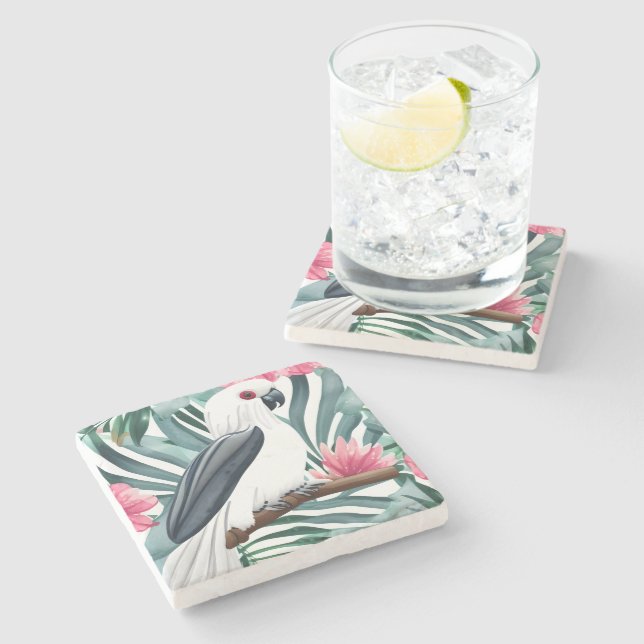 Tropical White Parrot Bird Pattern  Stone Coaster (Side)