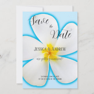 Tropical, White Plumeria on Blue, Floral, Wedding Save The Date