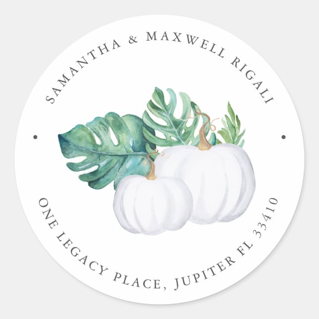 Tropical White Pumpkin Return Address Classic Round Sticker (Front)