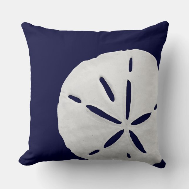 Tropical White Sand Dollar on Navy Blue Beach Cushion (Front)