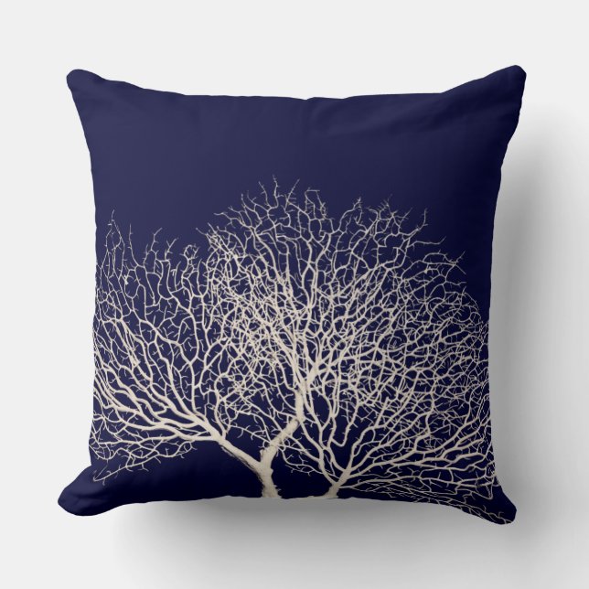 Tropical White Sea Tree Coral on Navy Blue Beach Cushion (Front)