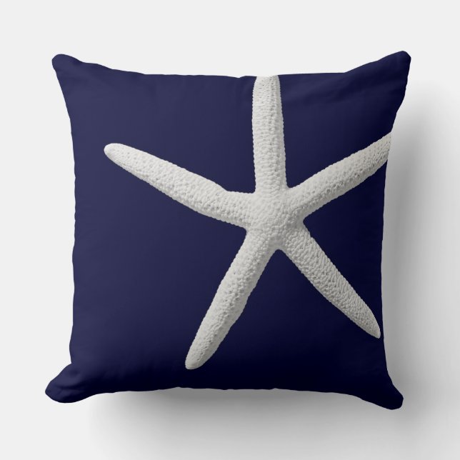 Tropical White Starfish on Navy Blue Beach Cushion (Front)