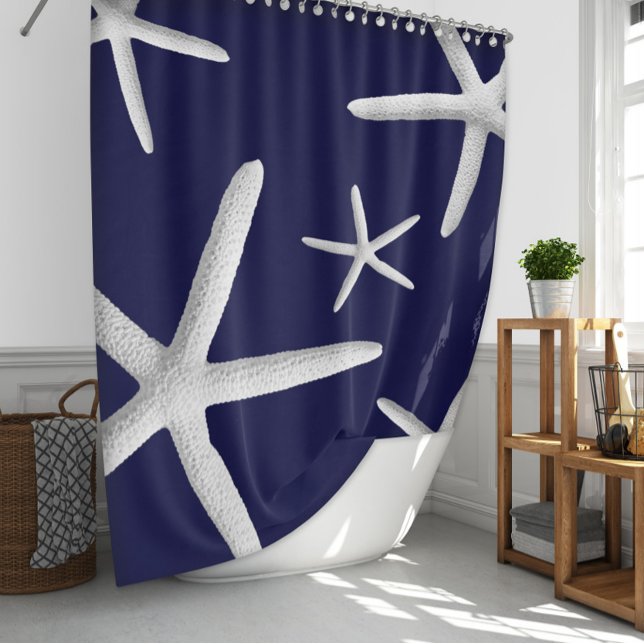 Tropical White Starfish on Navy Blue Beach Shower  Shower Curtain (Creator Uploaded)