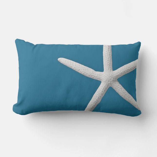 Tropical White Starfish on Teal Beach Lumbar Cushion (Front)