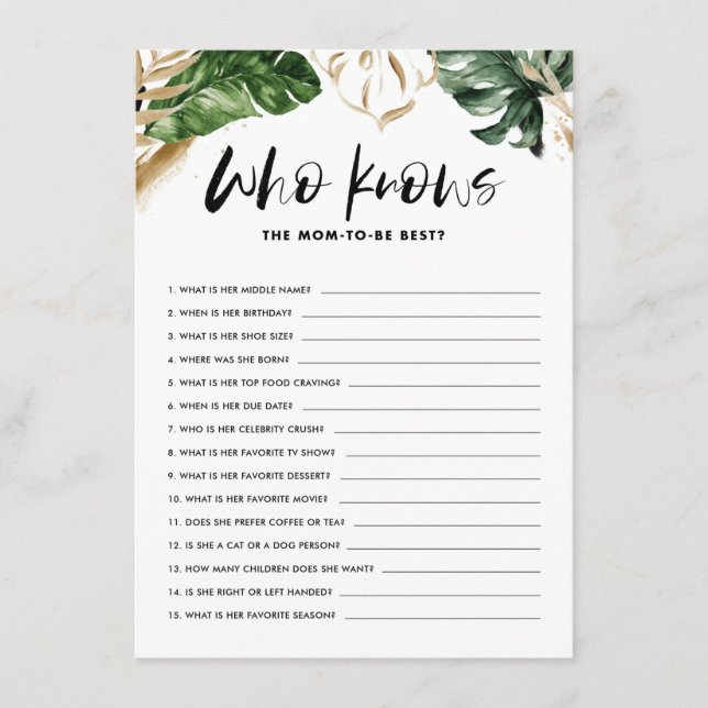 Tropical Who Knows Mum the Best Baby Shower Game Enclosure Card (Front)