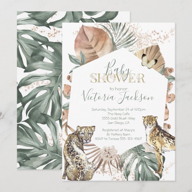 Tropical Wild Animal Palm Gold Baby Shower Invitation (Front/Back)