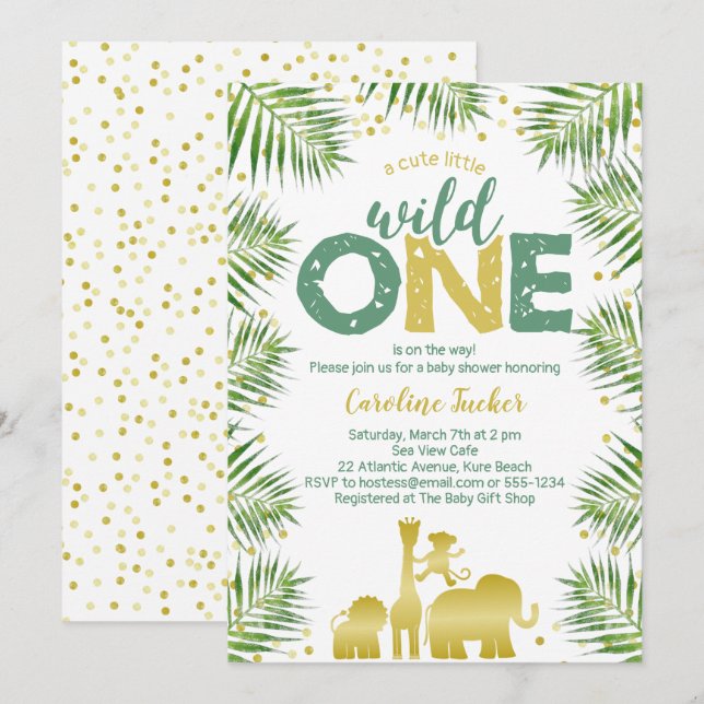 Tropical Wild One Gold Safari Animals Baby Shower Invitation (Front/Back)