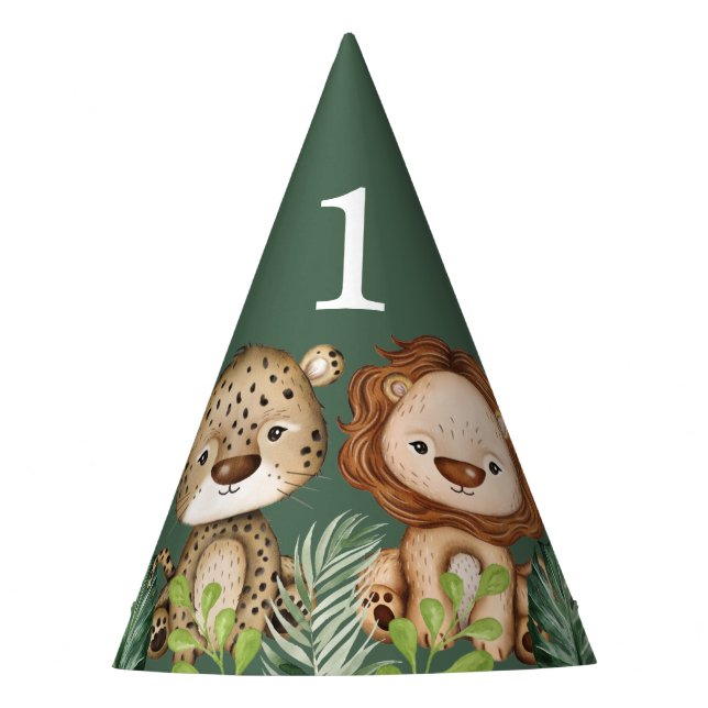 Tropical Wild One Jungle Animals 1st Birthday Party Hat (Front)