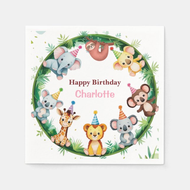 Tropical Wild One Jungle Safari Animals Birthday  Napkin (Front)