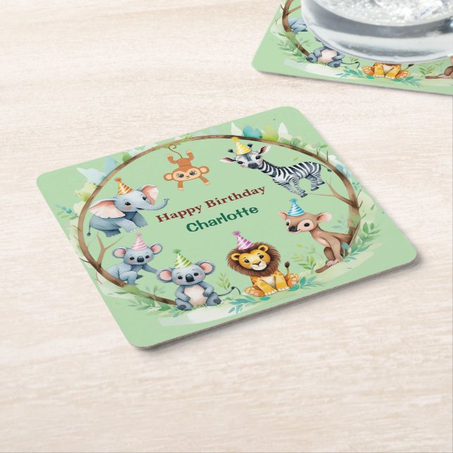Tropical Wild One Jungle Safari Animals Birthday  Square Paper Coaster (Angled)
