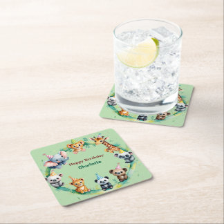 Tropical Wild One Jungle Safari Animals Birthday Square Paper Coaster