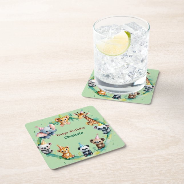 Tropical Wild One Jungle Safari Animals Birthday  Square Paper Coaster (Insitu)