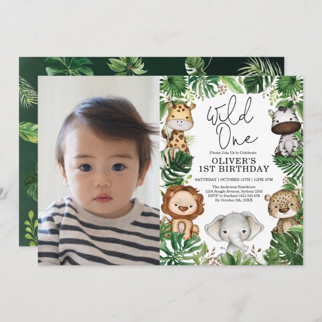 Tropical Wild One Safari Animals 1st Birthday Boy Invitation (Front/Back)