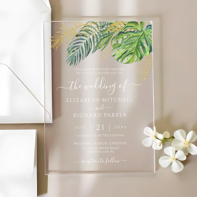Tropical Wild Palm Leaves Wedding Acrylic Invitations (Creator Uploaded)
