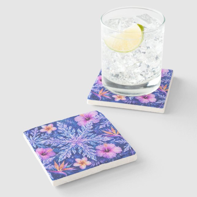 Tropical Winter Snowflakes Stone Coaster (Side)