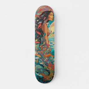 Tropical woman and fish vintage skateboard