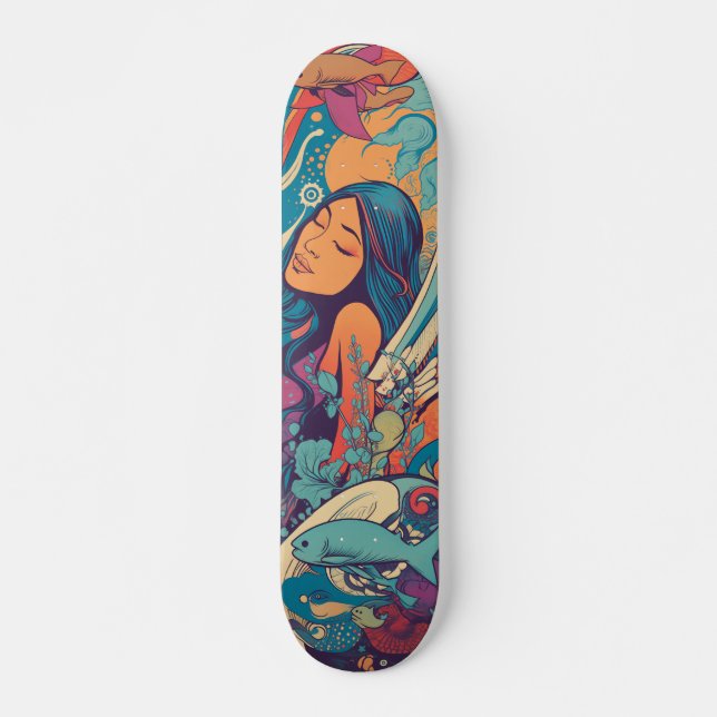 Tropical woman and fish vintage skateboard (Front)