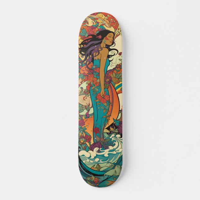 Tropical woman with flowers and sea vintage skateboard (Front)