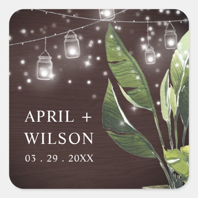TROPICAL WOOD PALM STARRY NIGHT MASON JAR WEDDING SQUARE STICKER (Front)