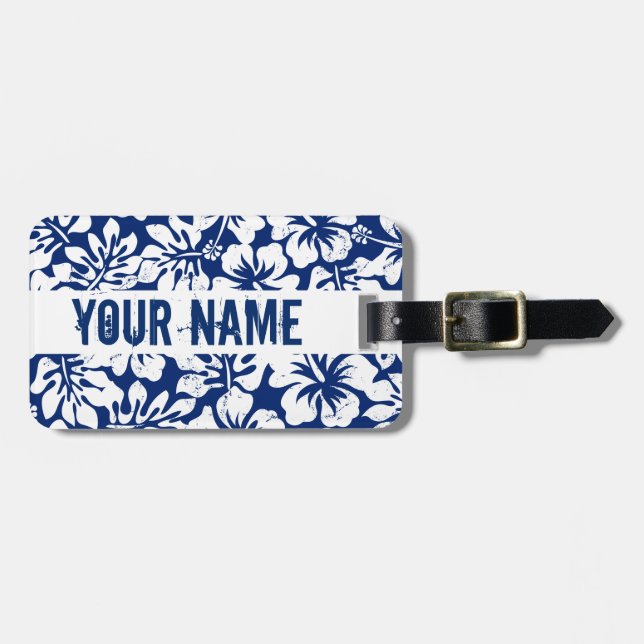Tropical worn white hibiscus luggage tag (Front Horizontal)