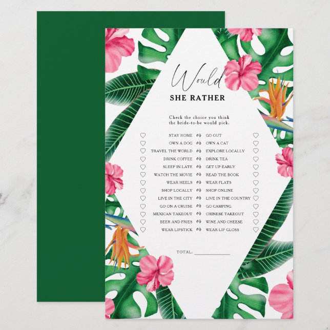 Tropical - Would she rather bridal shower game (Front/Back)