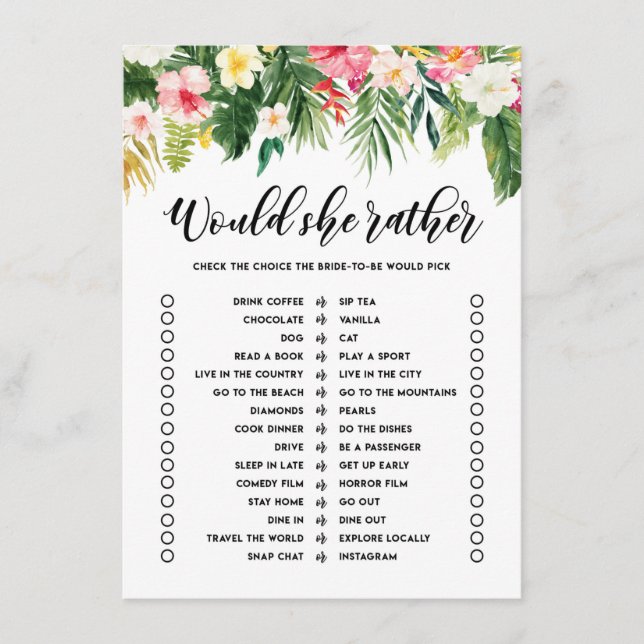 Tropical Would She Rather Bridal Shower Game Card (Front)