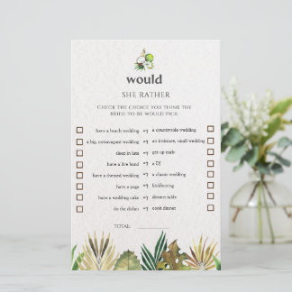 Tropical Would She Rather Bridal Shower Game Card