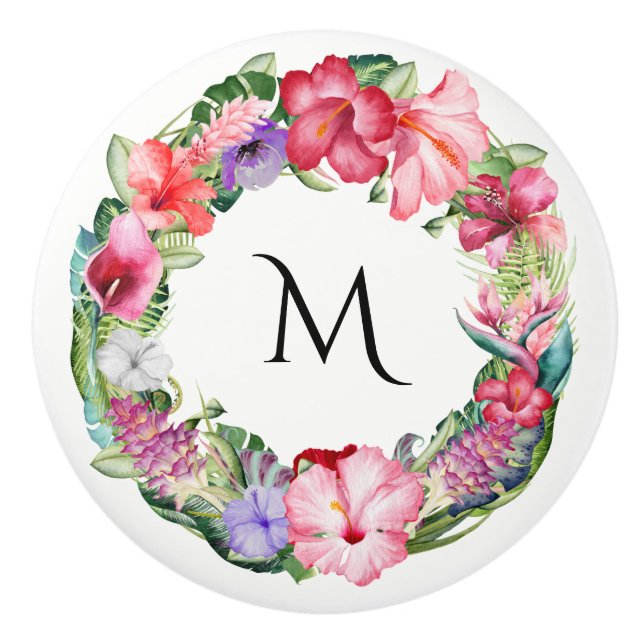 Tropical Wreath Floral Lei Hibiscus Summer Chic Ceramic Knob (Front)