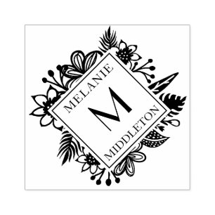 Tropical Wreath Greenery Family Name & Monogram Rubber Stamp