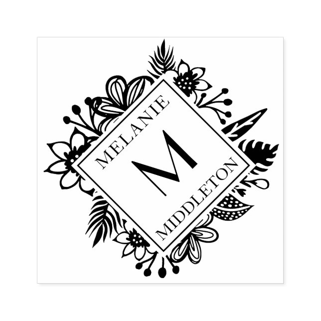 Tropical Wreath Greenery Family Name & Monogram Rubber Stamp (Imprint)