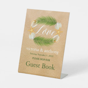 Tropical Wreath Sandy Beach Wedding Pedestal Sign
