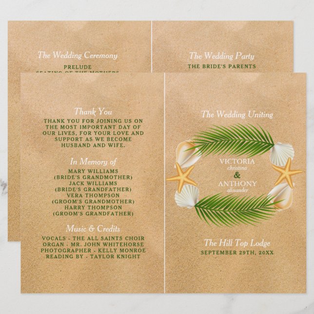 Tropical Wreath Sandy Beach Wedding Program (Front/Back)
