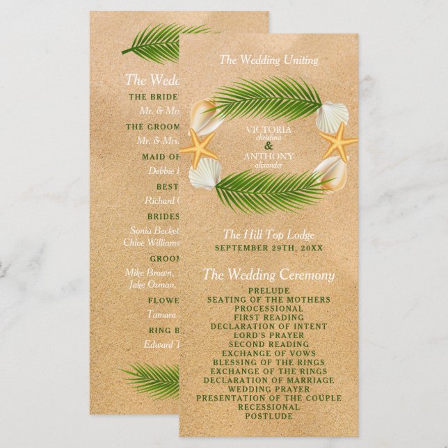 Tropical Wreath Sandy Beach Wedding Programme (Front/Back)