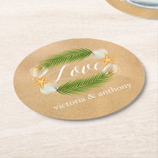 Tropical Wreath Sandy Beach Wedding Round Paper Coaster (Angled)