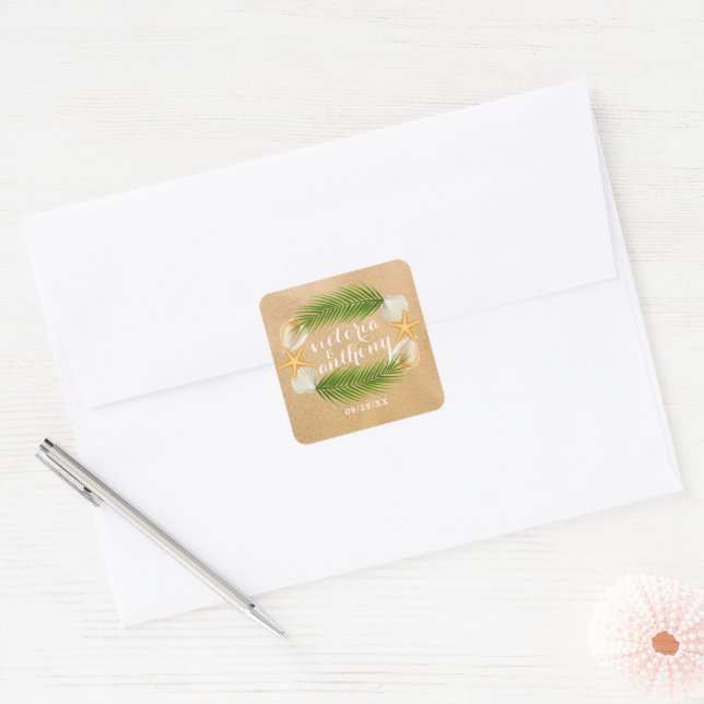Tropical Wreath Sandy Beach Wedding Square Sticker (Envelope)