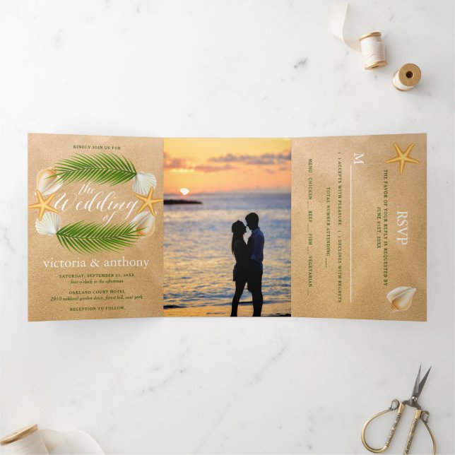 Tropical Wreath Sandy Beach Wedding Suite Tri-Fold Invitation (Inside)