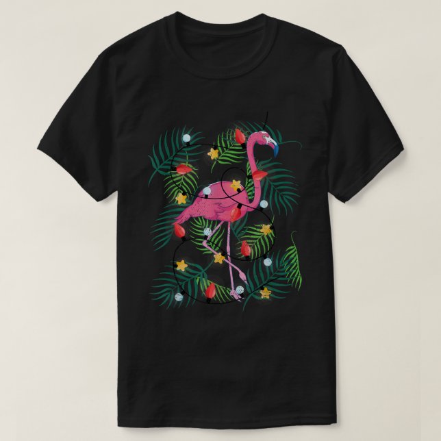 Tropical Xmas Funny Pink Flamingo Hawaiian Christm T-Shirt (Design Front)