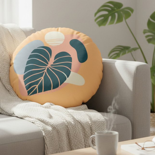 Tropical Yellow and Blue Abstract Round Cushion (Creator Uploaded)