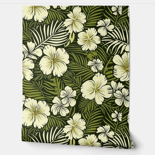 Tropical Yellow and Green Floral Wallpaper (Unrolling)