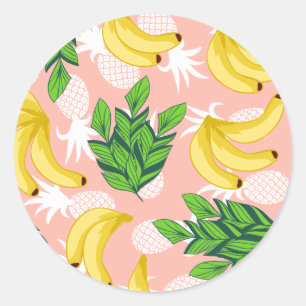 Tropical Yellow Bananas and Pineapples on Pink Classic Round Sticker