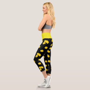 Tropical Yellow Black Floral Hibiscus Flowers Capri Leggings