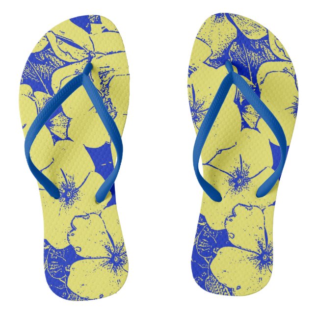 Tropical Yellow Blue Flower Print Flip Flops (Footbed)
